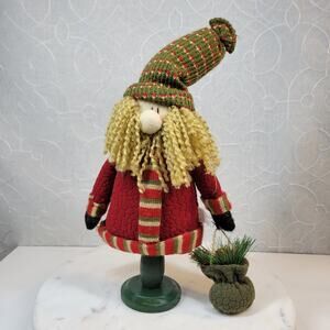 Vintage Folk Art Santa Claus 13" Fabric Stuffed Plush Doll Figure Wooden Base